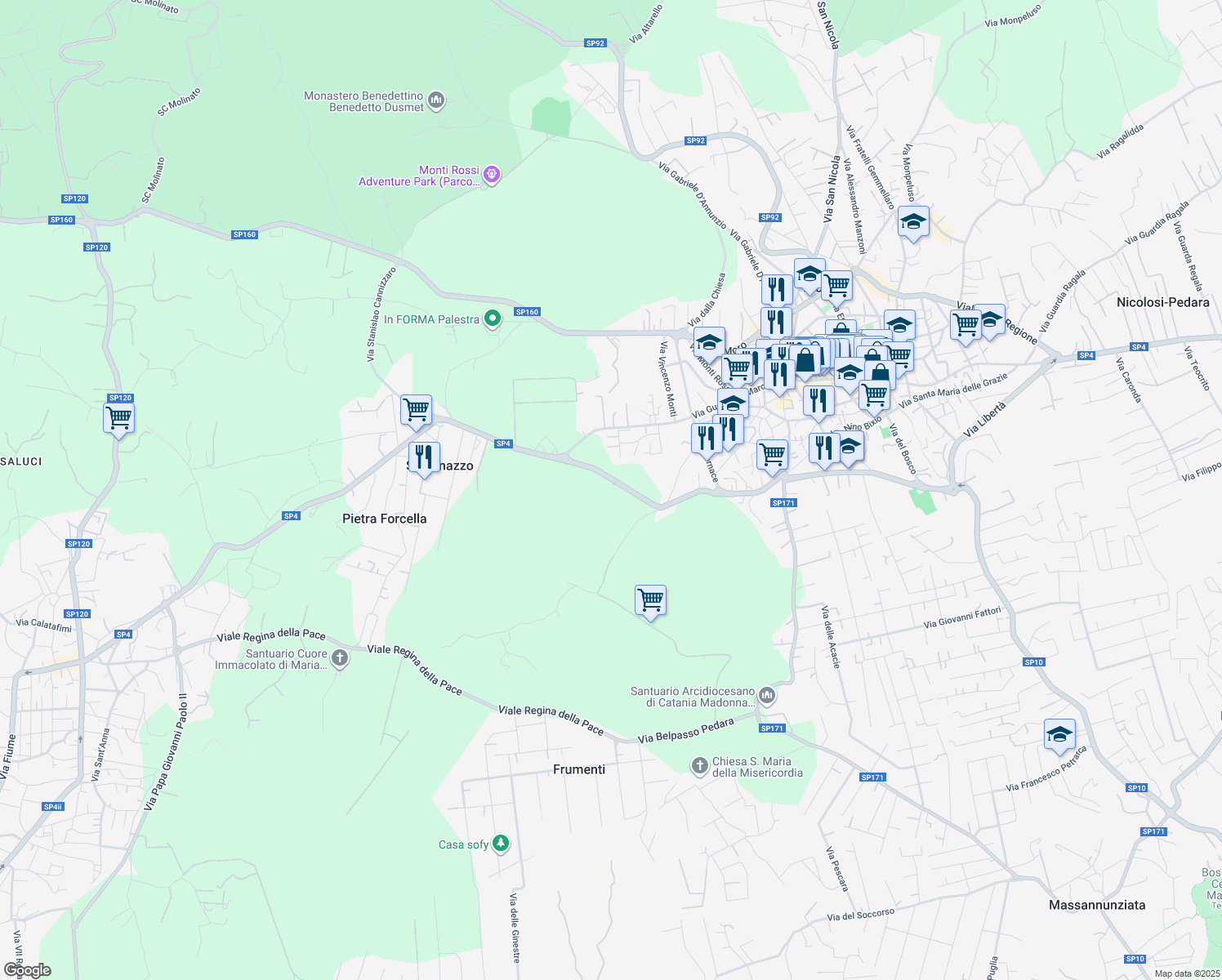map of restaurants, bars, coffee shops, grocery stores, and more near 109 Via Cristoforo Colombo in Nicolosi