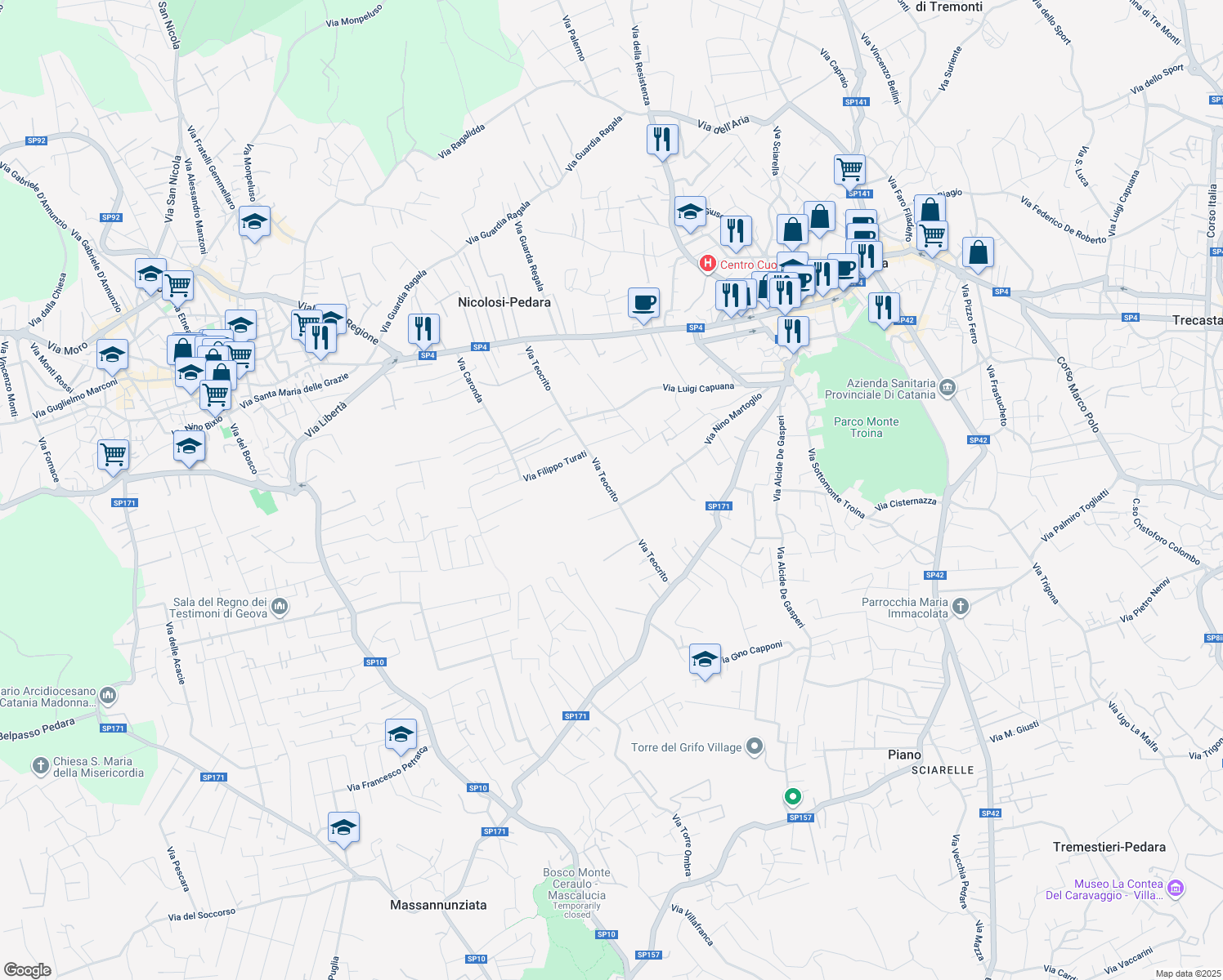 map of restaurants, bars, coffee shops, grocery stores, and more near 41 Via Teocrito in Pedara