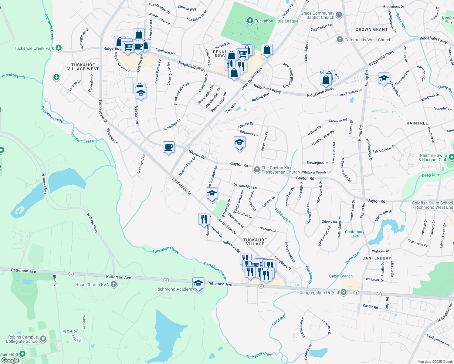 map of restaurants, bars, coffee shops, grocery stores, and more near 11612 Brendonridge Lane in Henrico