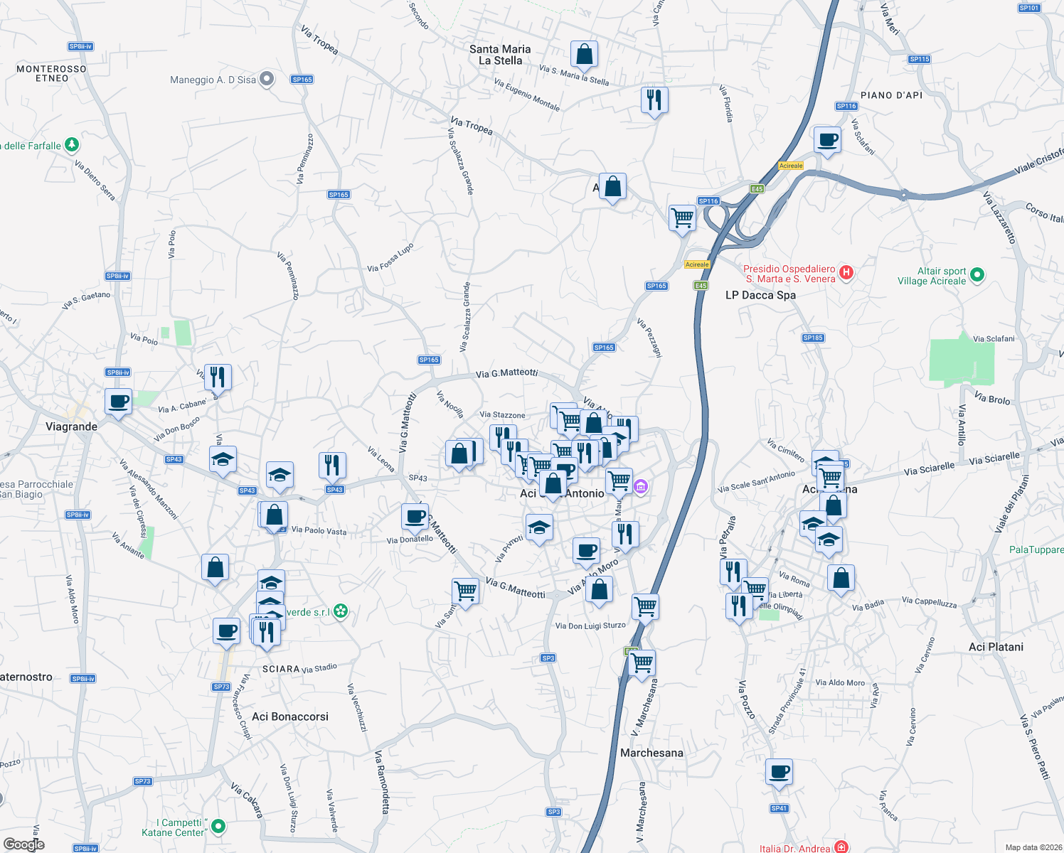 map of restaurants, bars, coffee shops, grocery stores, and more near 18 Via Gaetano Donizetti in Aci Sant'Antonio