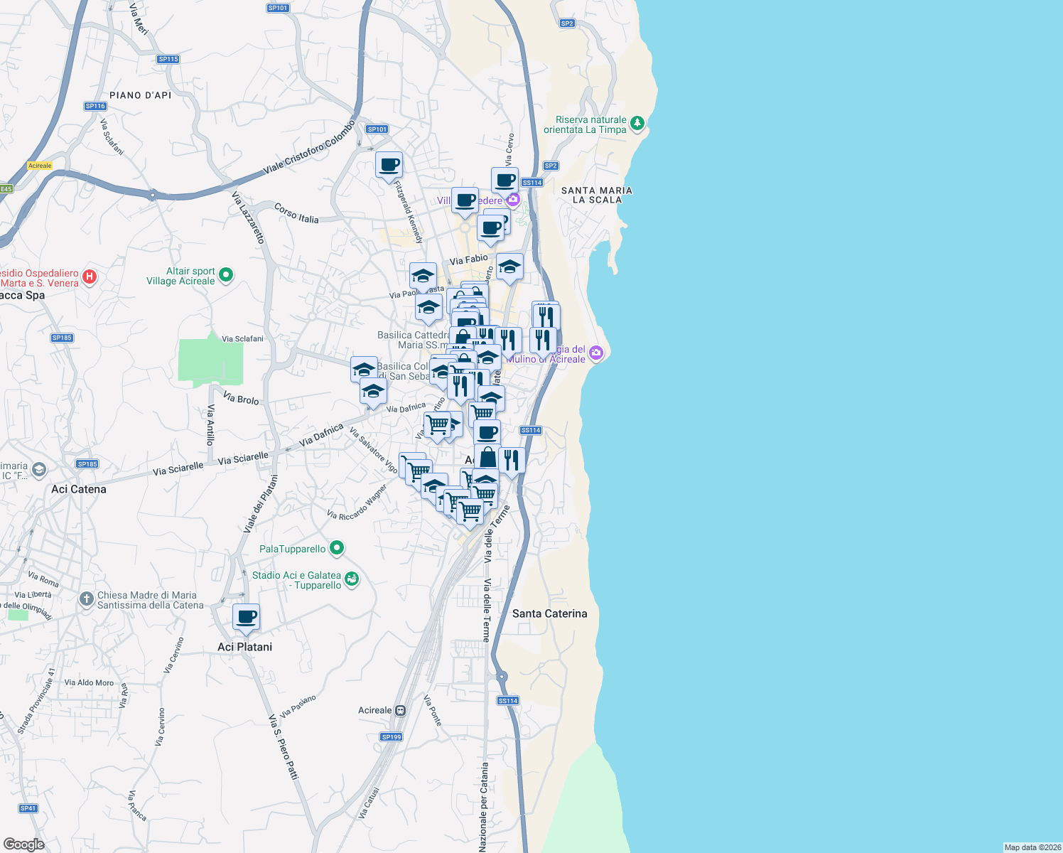 map of restaurants, bars, coffee shops, grocery stores, and more near Viale Alcide de Gasperi in Acireale