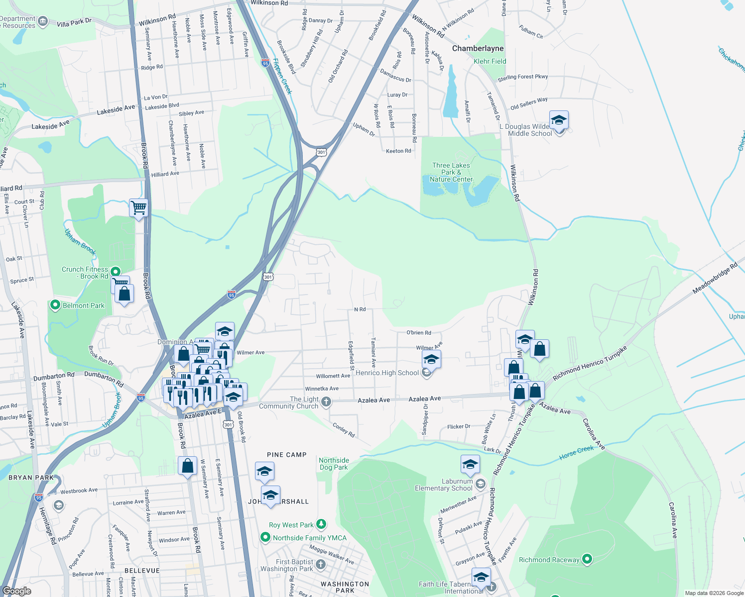 map of restaurants, bars, coffee shops, grocery stores, and more near 5408 Van Avenue in Richmond