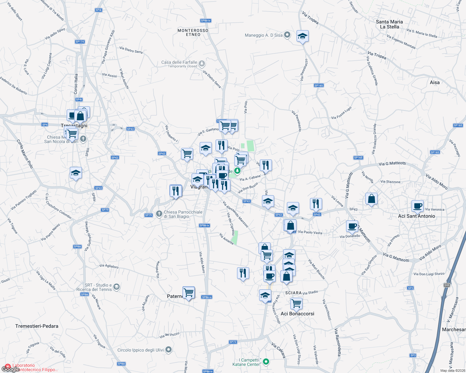 map of restaurants, bars, coffee shops, grocery stores, and more near 28 Via Raffaello Sanzio in Viagrande
