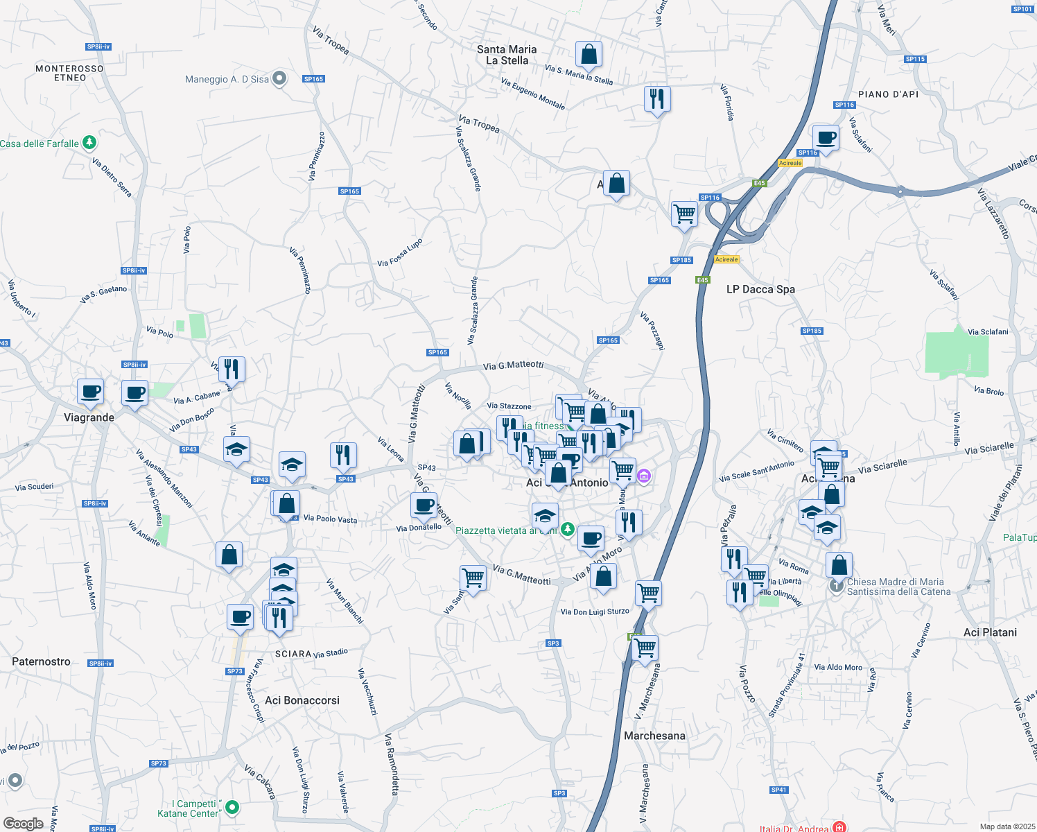 map of restaurants, bars, coffee shops, grocery stores, and more near 29 Via Stazzone in Aci Sant'Antonio