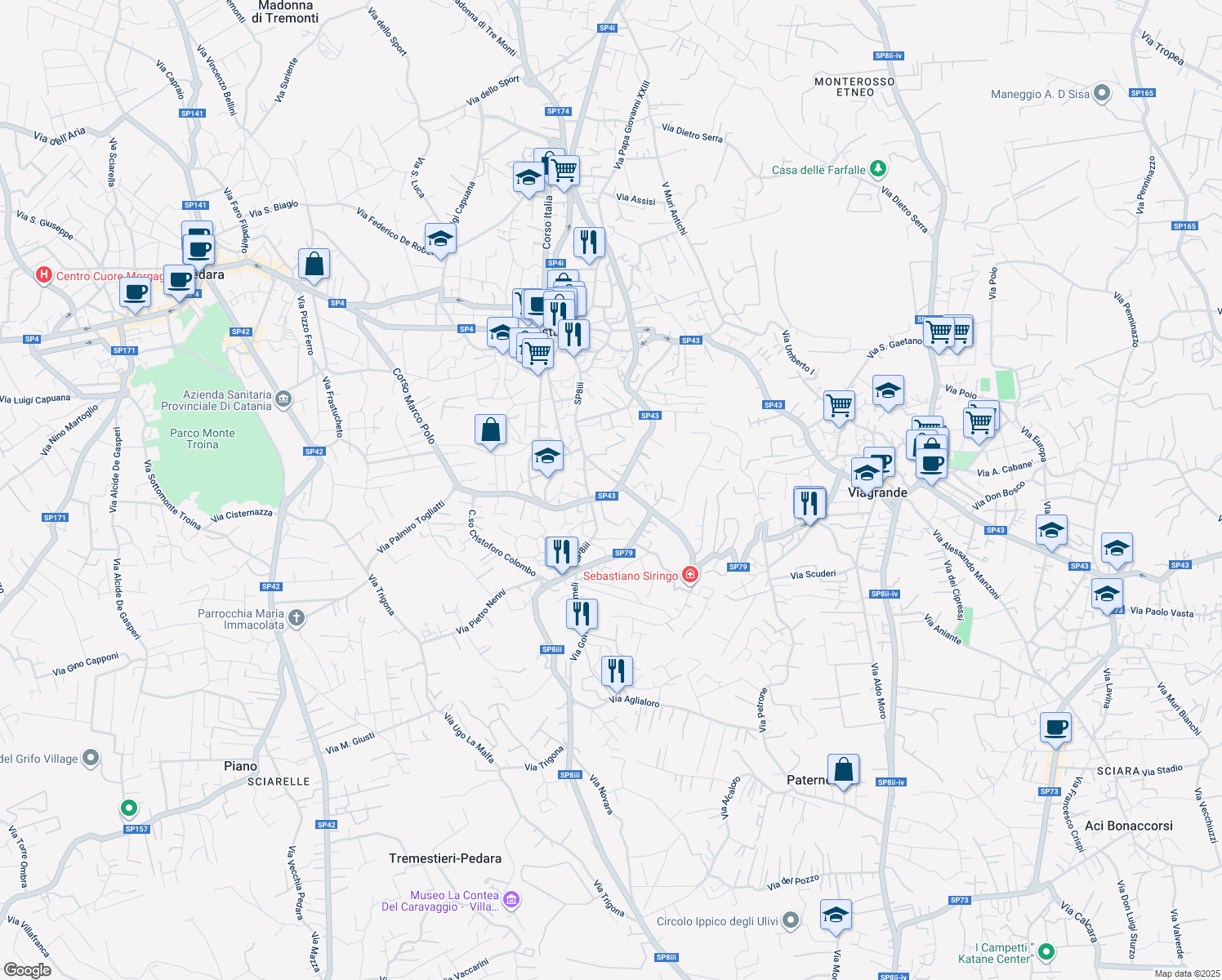 map of restaurants, bars, coffee shops, grocery stores, and more near 19 Via Galileo Galilei in Trecastagni