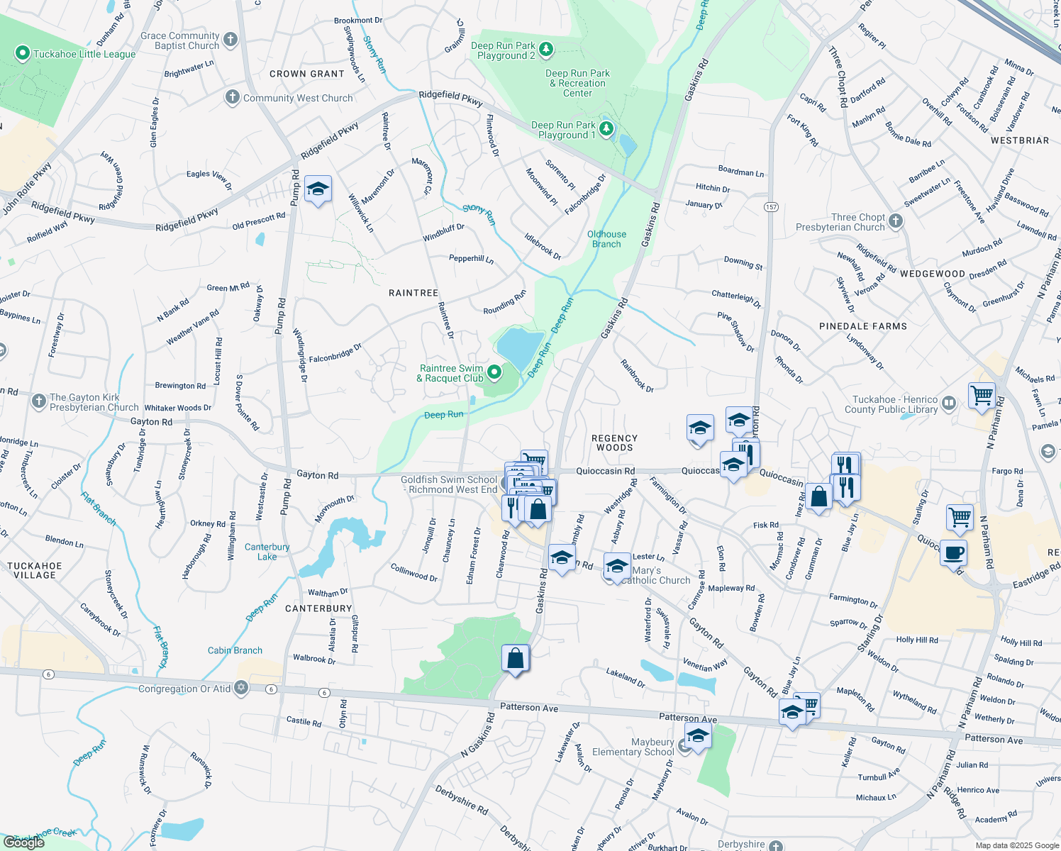 map of restaurants, bars, coffee shops, grocery stores, and more near 1556 United Court in Richmond