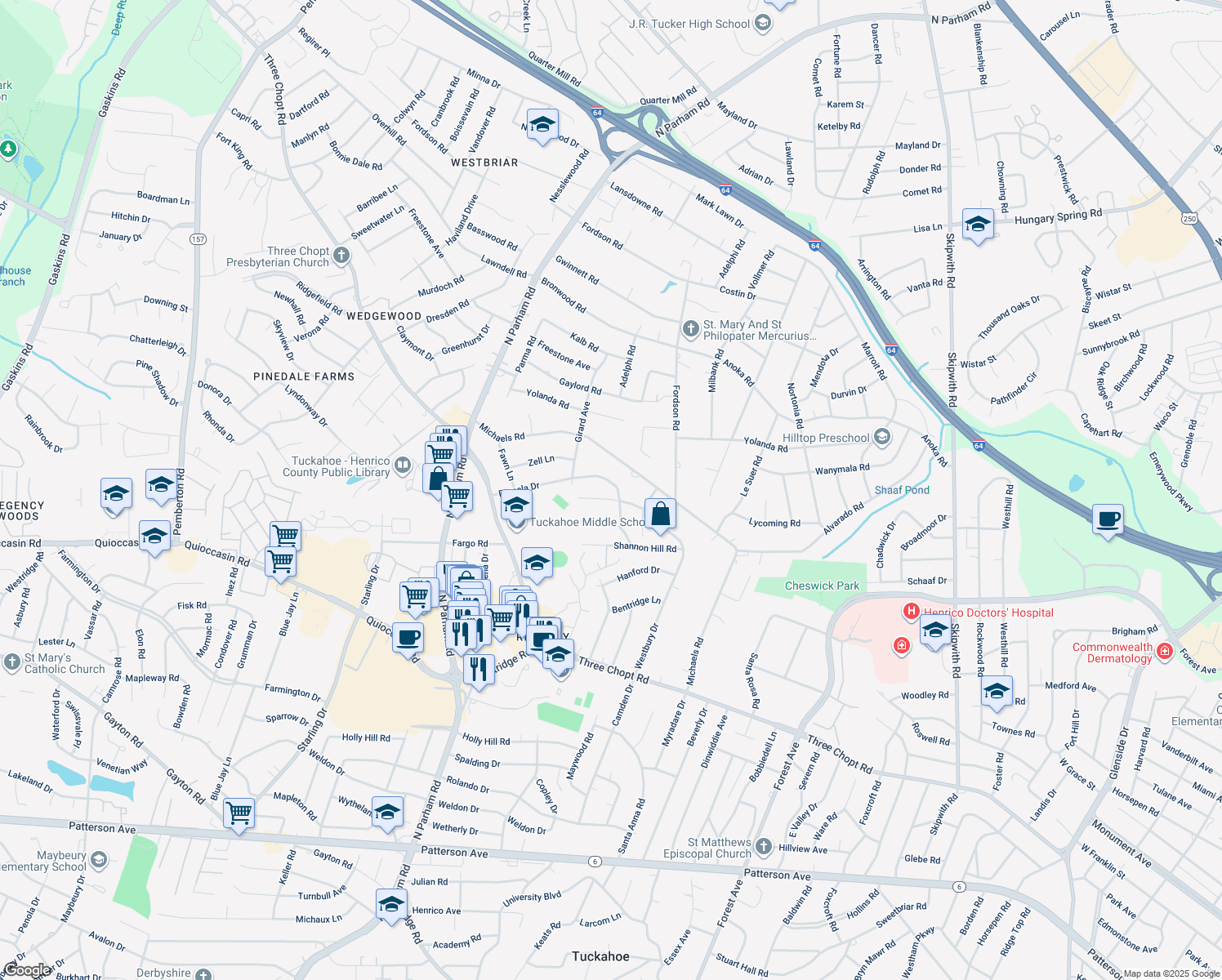 map of restaurants, bars, coffee shops, grocery stores, and more near 8303 Pamela Drive in Richmond