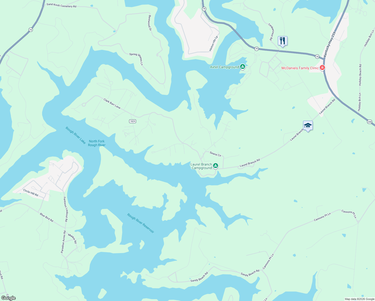 map of restaurants, bars, coffee shops, grocery stores, and more near Camp Green Shores Road in McDaniels