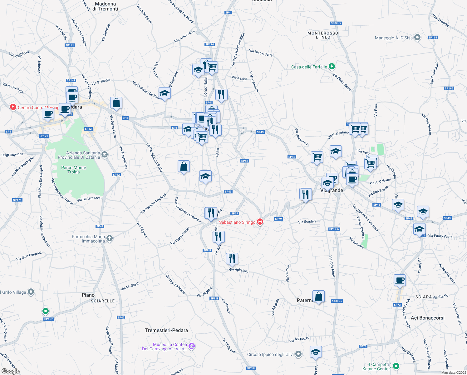 map of restaurants, bars, coffee shops, grocery stores, and more near 19 Via Galileo Galilei in Trecastagni