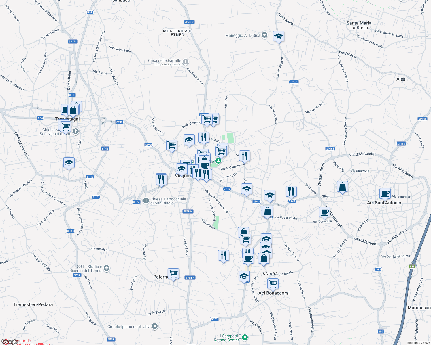 map of restaurants, bars, coffee shops, grocery stores, and more near 28 Via Raffaello Sanzio in Viagrande