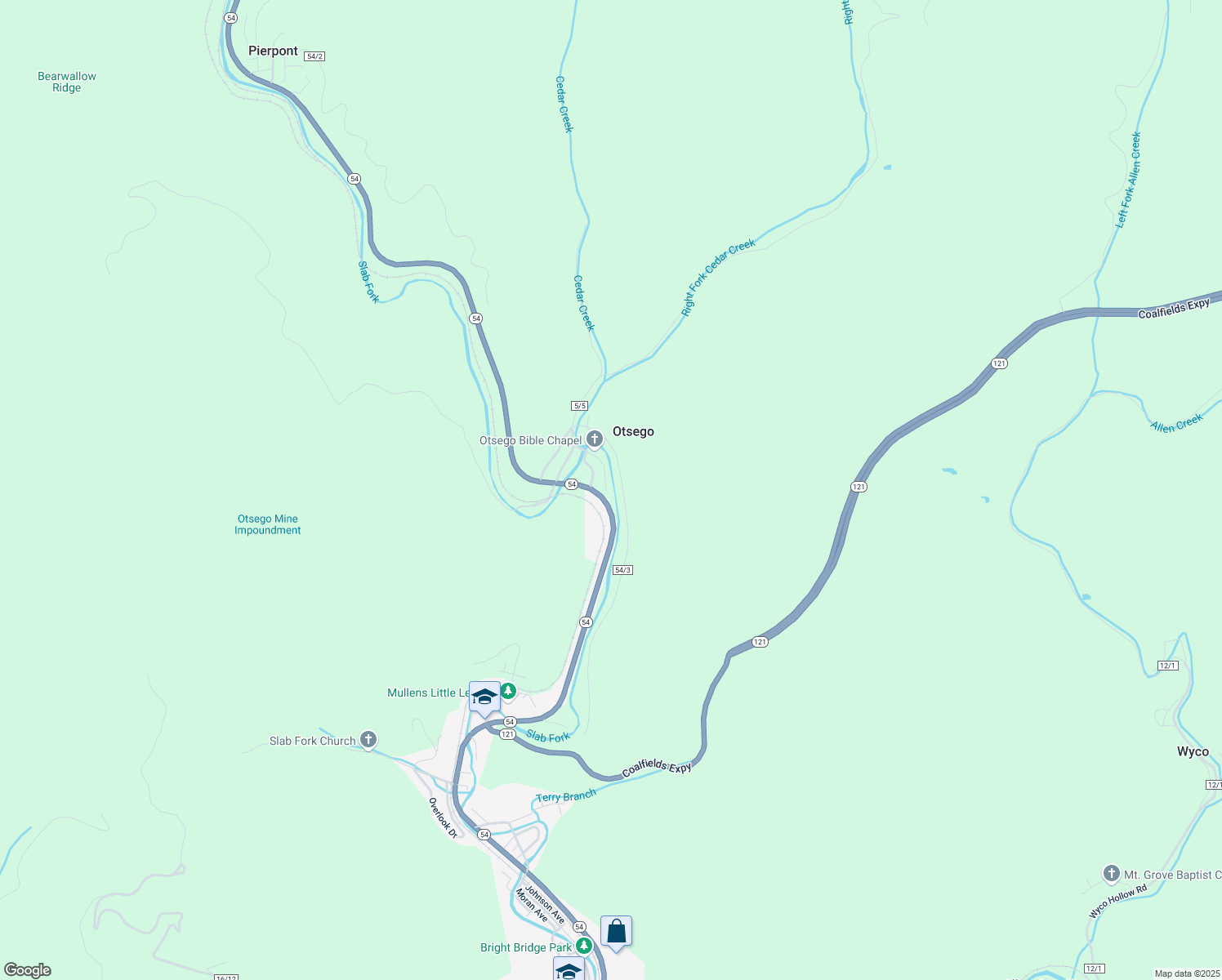 map of restaurants, bars, coffee shops, grocery stores, and more near West Virginia 54 in Mullens