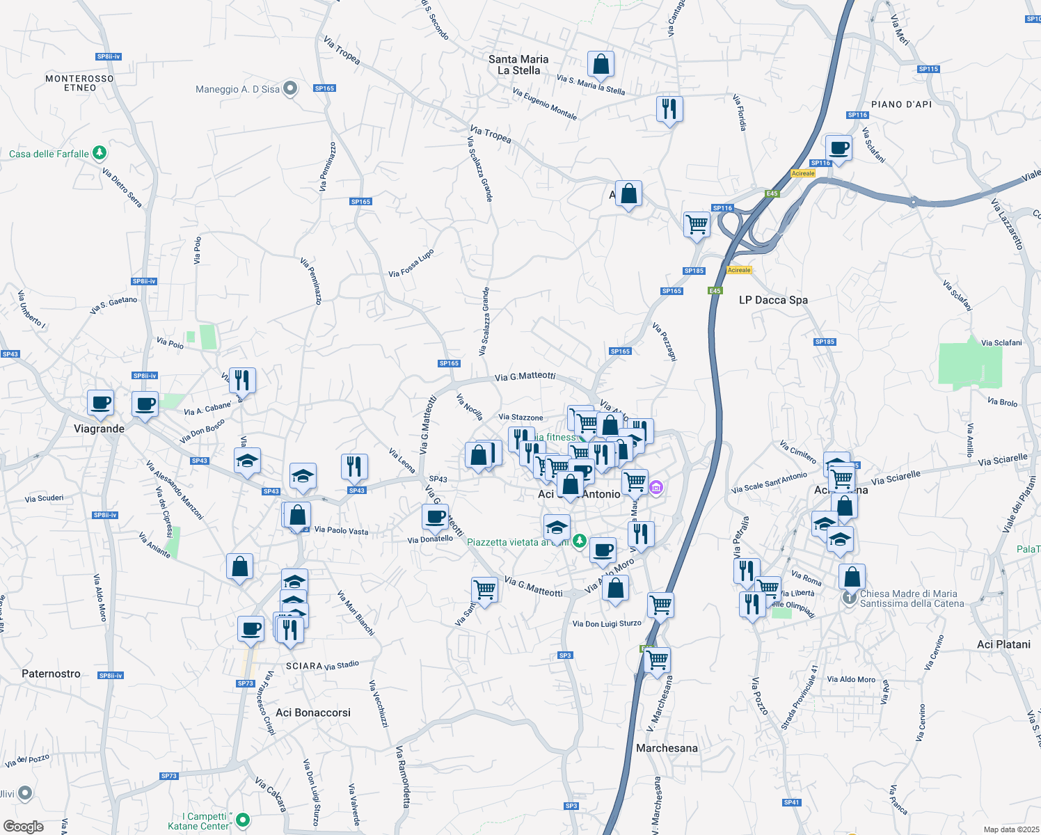 map of restaurants, bars, coffee shops, grocery stores, and more near 29 Via Stazzone in Aci Sant'Antonio