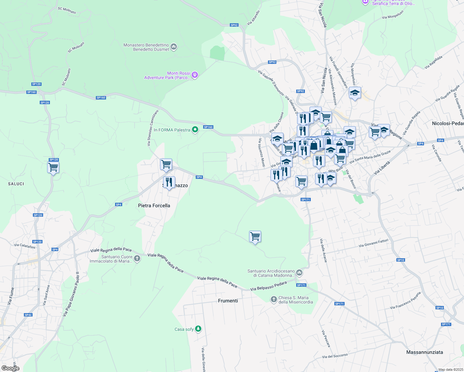 map of restaurants, bars, coffee shops, grocery stores, and more near 109 Via Cristoforo Colombo in Nicolosi