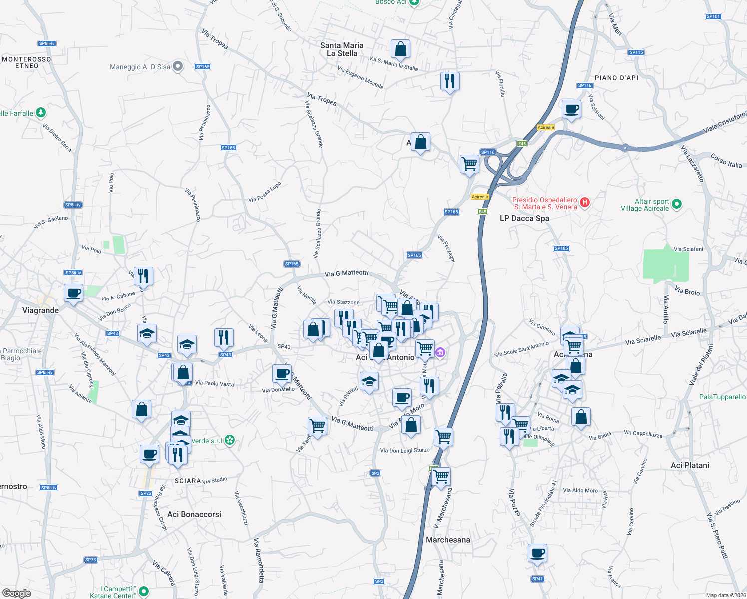 map of restaurants, bars, coffee shops, grocery stores, and more near 18 Via Gaetano Donizetti in Aci Sant'antonio