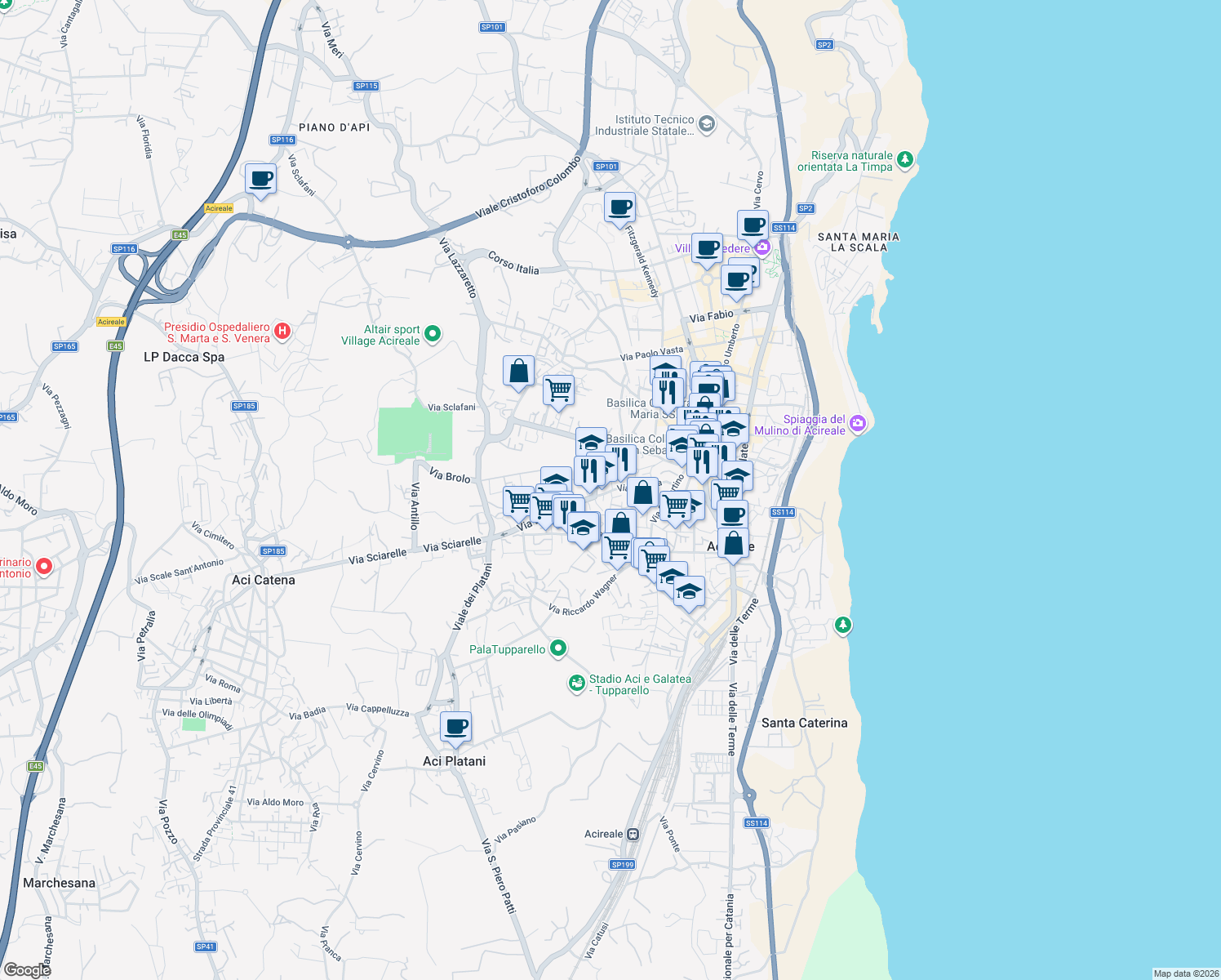 map of restaurants, bars, coffee shops, grocery stores, and more near 5 Via Giuseppe Verdi in Acireale