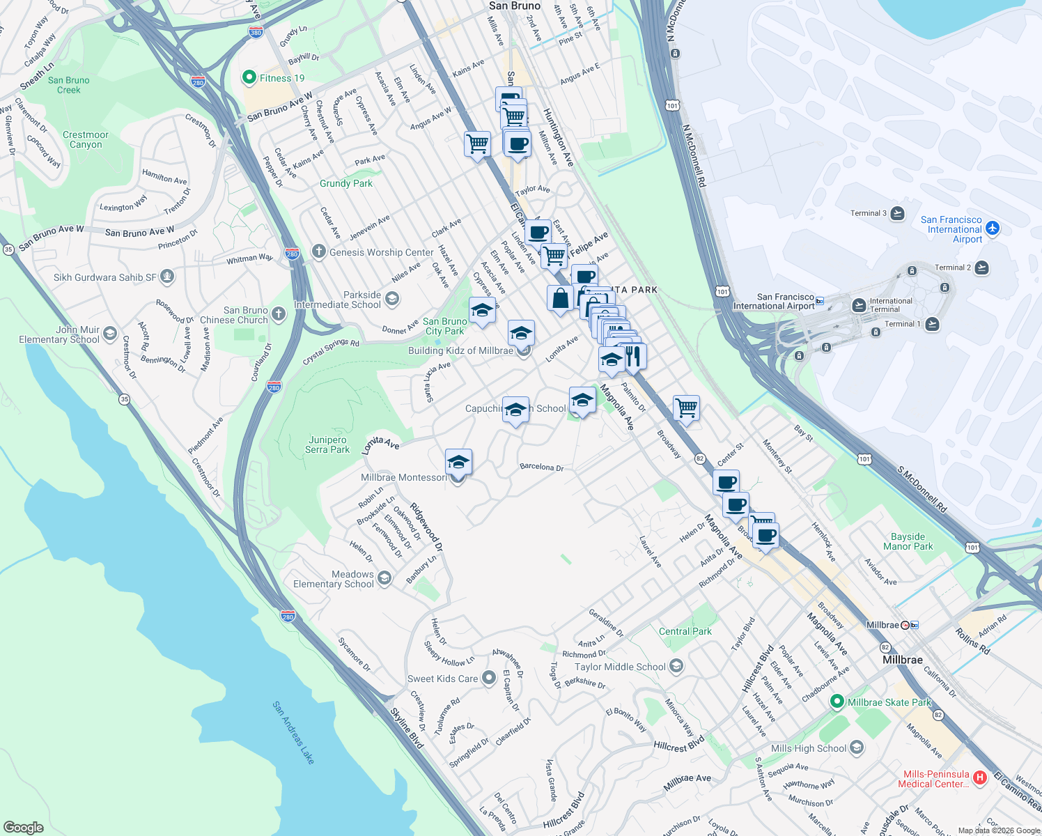 map of restaurants, bars, coffee shops, grocery stores, and more near 539 Santa Florita Avenue in Millbrae