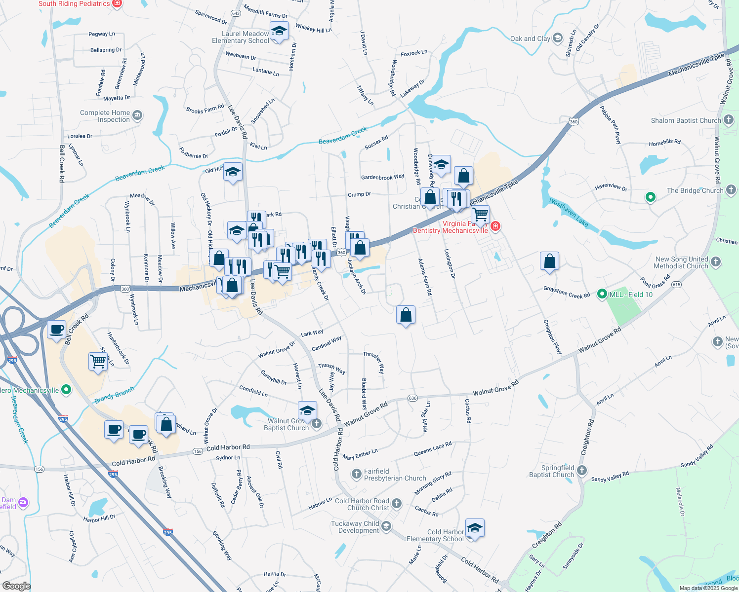 map of restaurants, bars, coffee shops, grocery stores, and more near 7261 Jackson Arch Drive in Mechanicsville