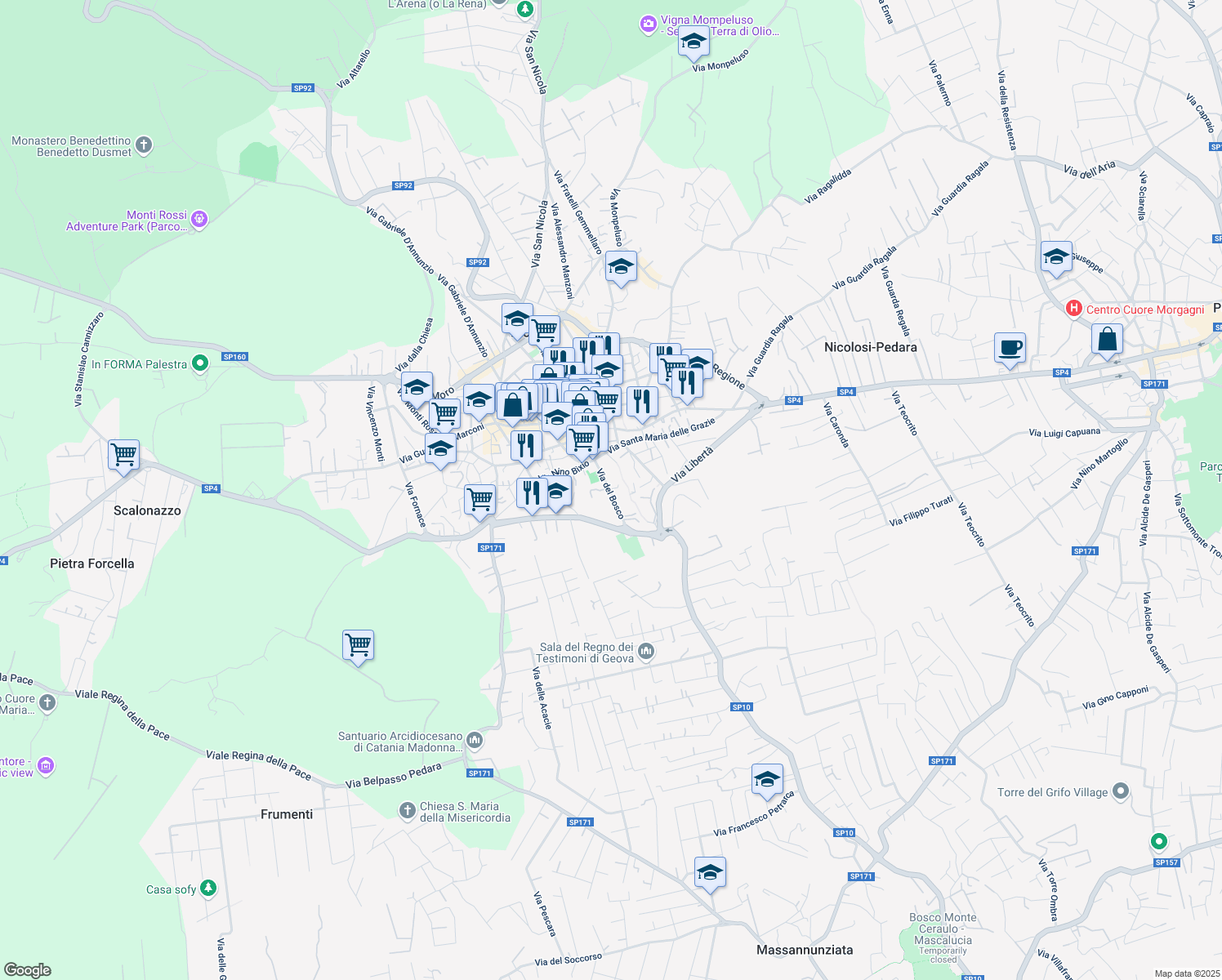 map of restaurants, bars, coffee shops, grocery stores, and more near 286 Via del Bosco in Mascalucia