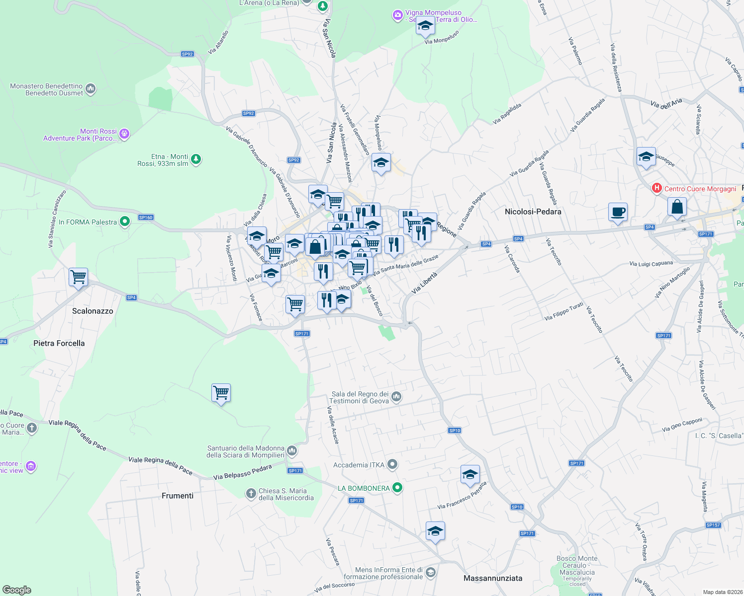 map of restaurants, bars, coffee shops, grocery stores, and more near 286 Via del Bosco in Mascalucia