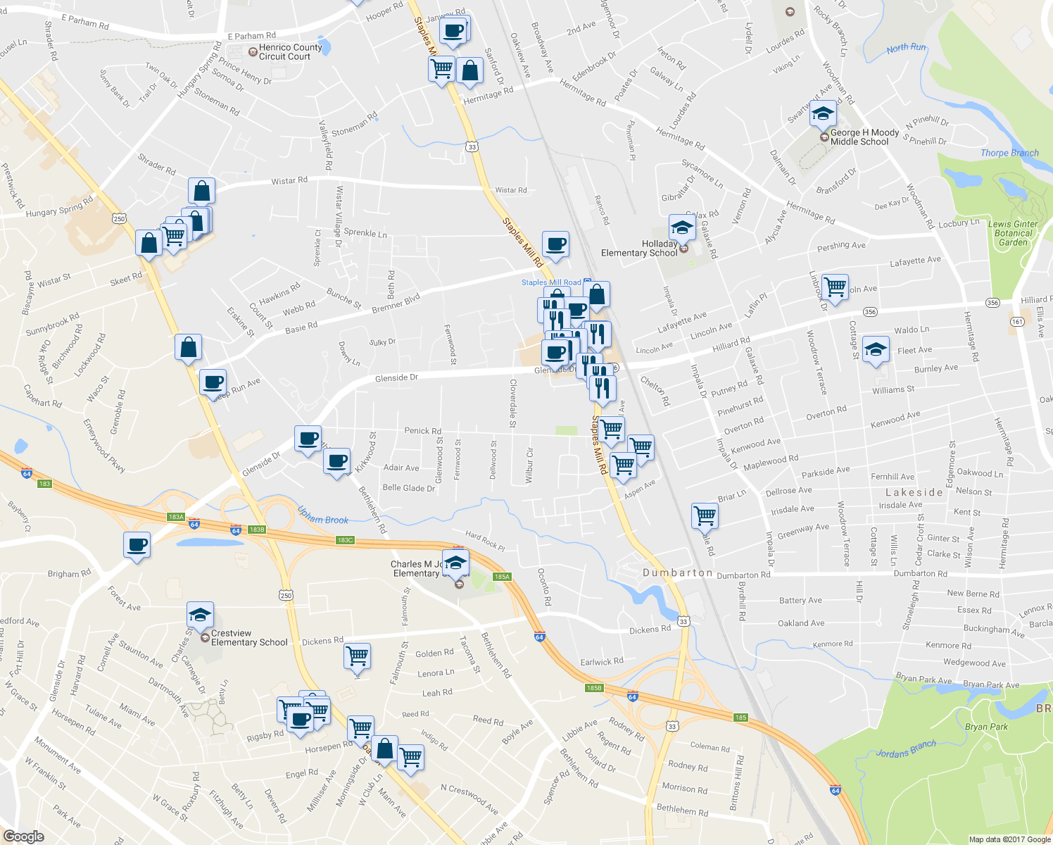 map of restaurants, bars, coffee shops, grocery stores, and more near 6804 Bellaire Street in Richmond