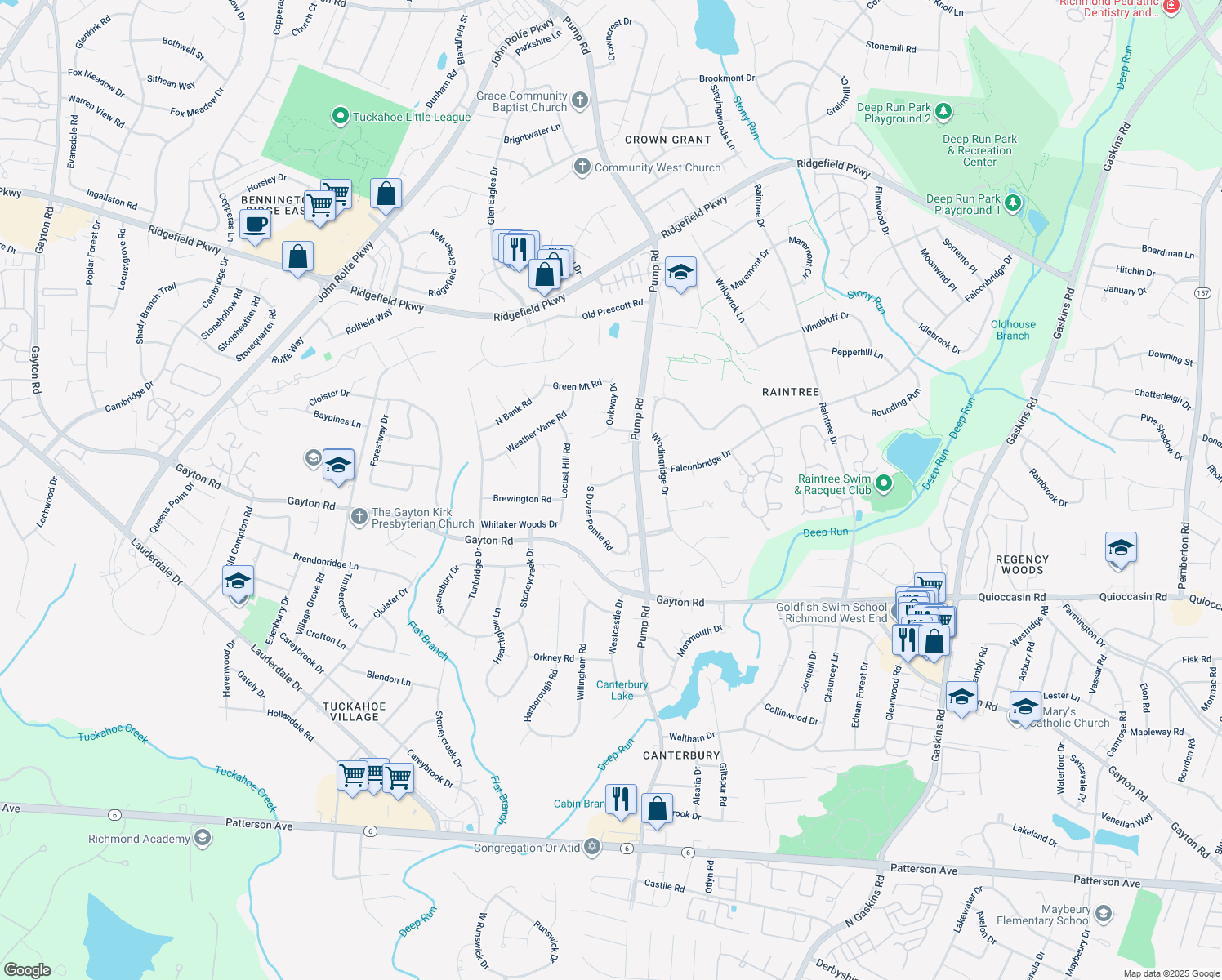 map of restaurants, bars, coffee shops, grocery stores, and more near 10617 Falconbridge Drive in Richmond