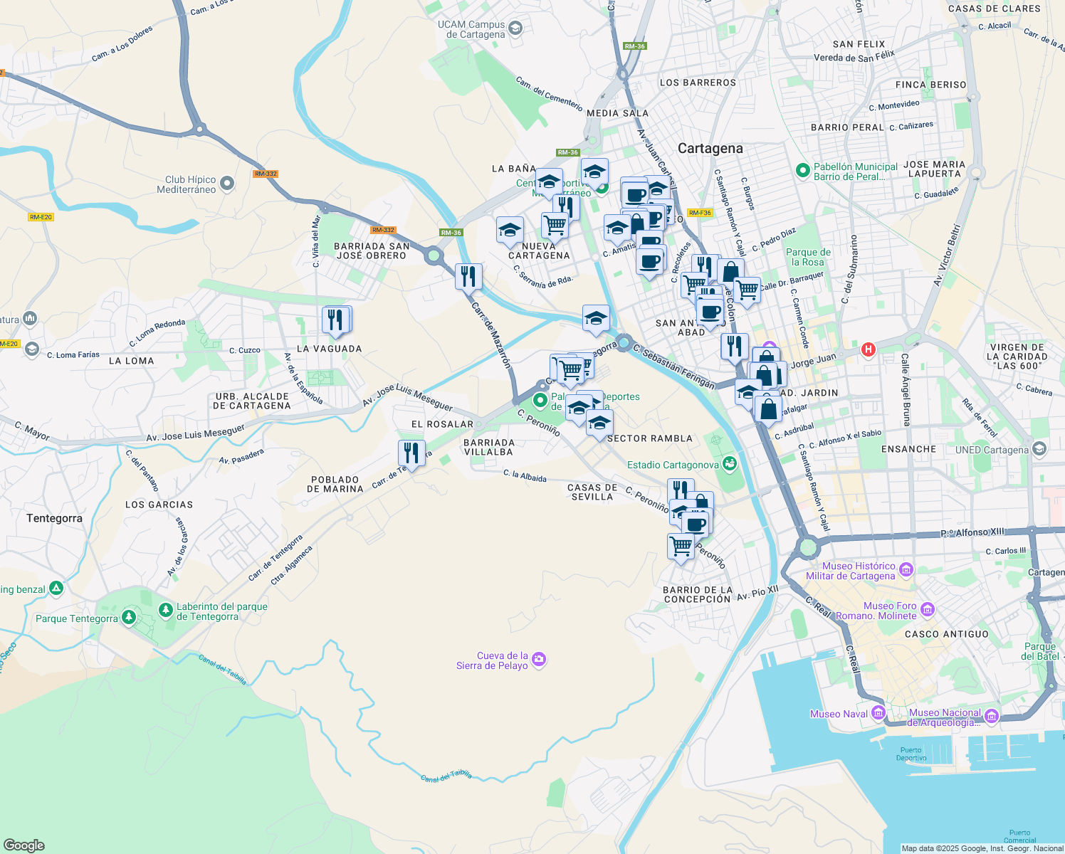 map of restaurants, bars, coffee shops, grocery stores, and more near 15 Calle Ciclamen in Cartagena