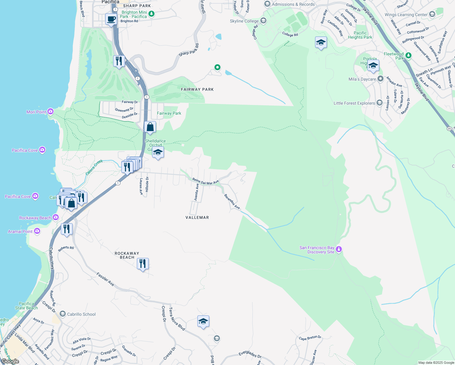 map of restaurants, bars, coffee shops, grocery stores, and more near 955 Reina Del Mar Avenue in Pacifica