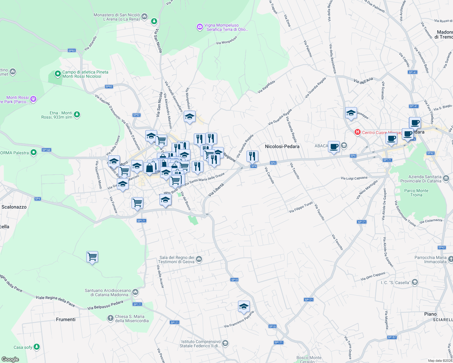 map of restaurants, bars, coffee shops, grocery stores, and more near 24 Via Libertà in Mascalucia