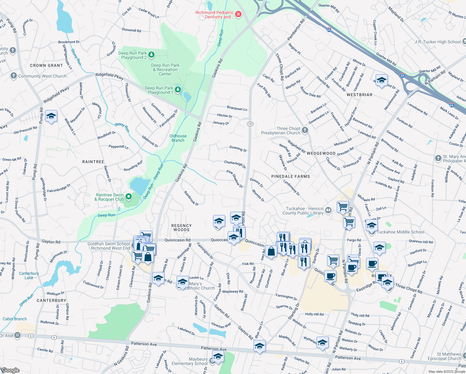 map of restaurants, bars, coffee shops, grocery stores, and more near 1603 Taymat Court in Henrico