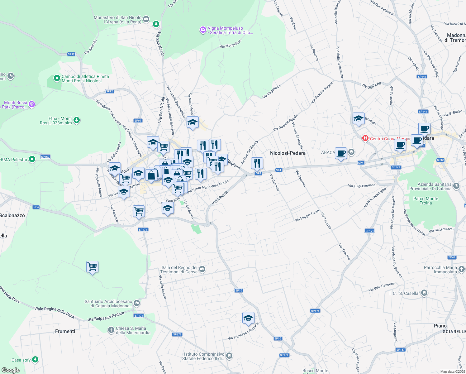 map of restaurants, bars, coffee shops, grocery stores, and more near 24 Via Libertà in Mascalucia