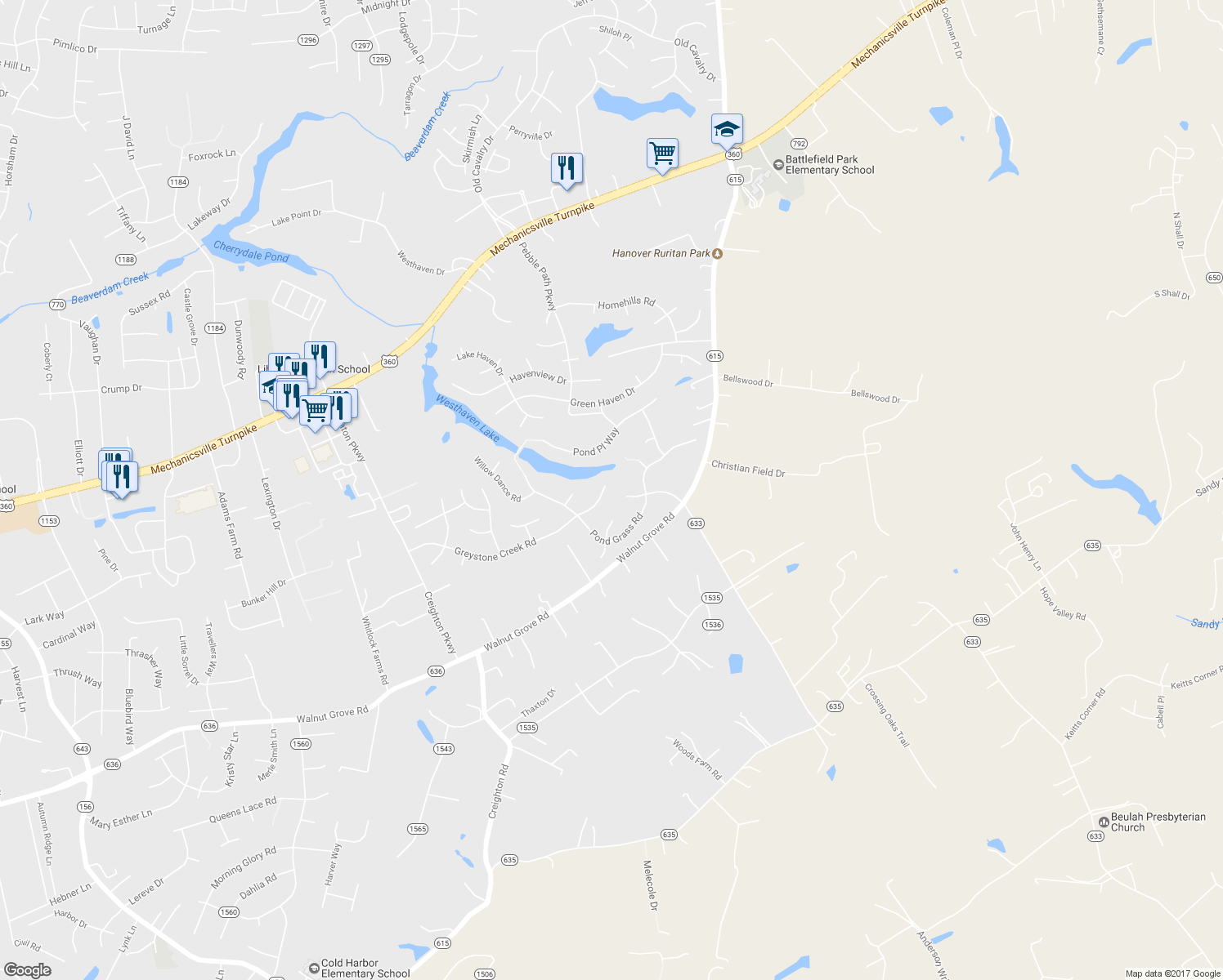 map of restaurants, bars, coffee shops, grocery stores, and more near 6257 Greystone Creek Road in Mechanicsville