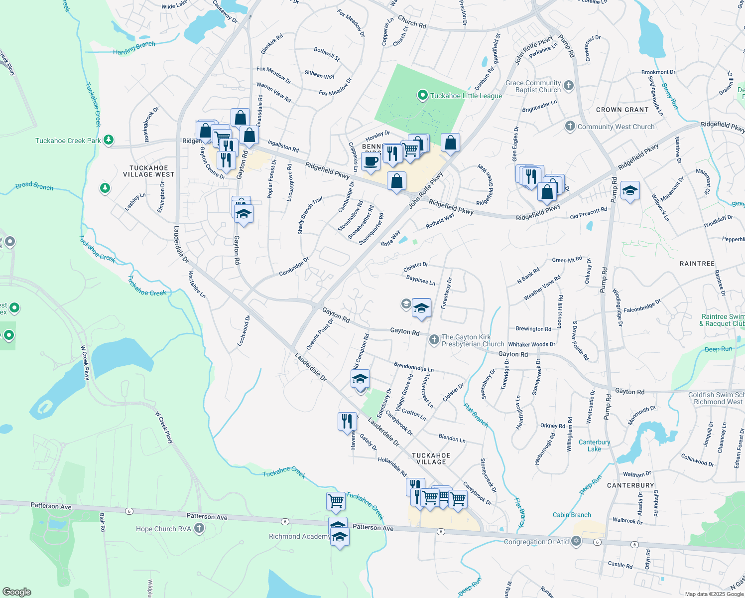 map of restaurants, bars, coffee shops, grocery stores, and more near 11817 Coat Bridge Lane in Henrico