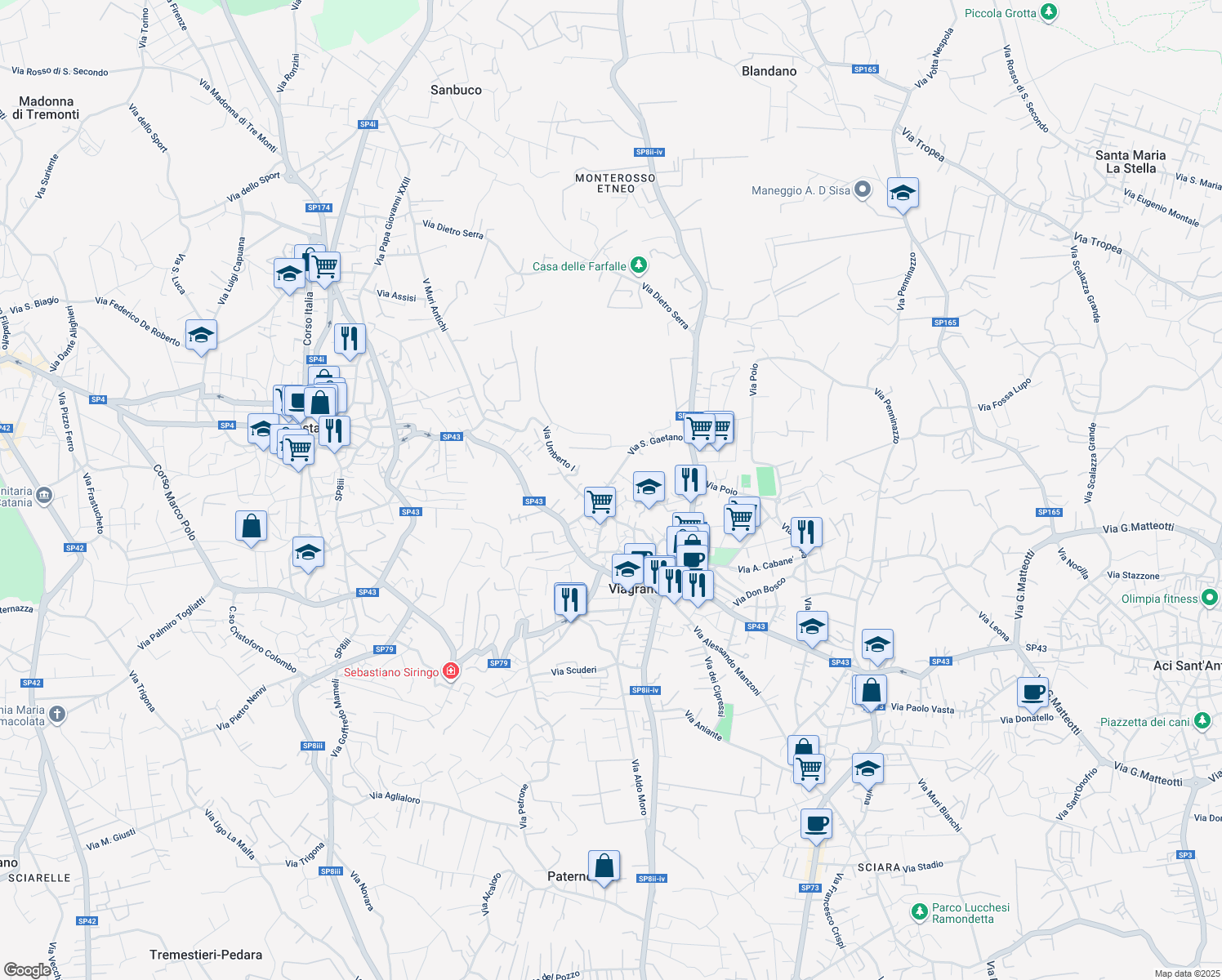 map of restaurants, bars, coffee shops, grocery stores, and more near 67 Via San Gaetano in Viagrande