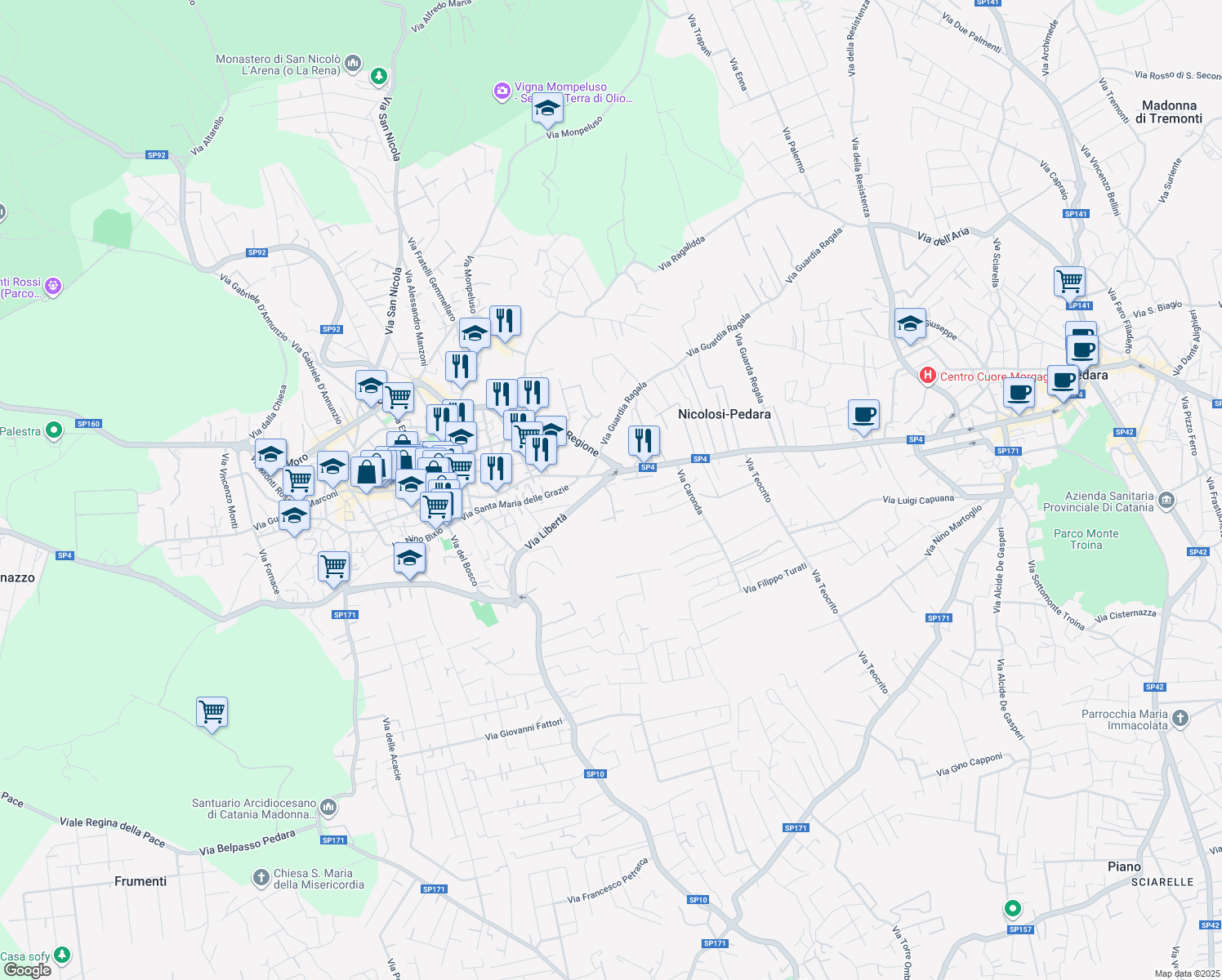 map of restaurants, bars, coffee shops, grocery stores, and more near 232 Via Libertà in Mascalucia