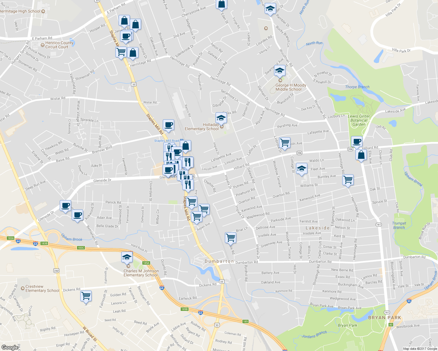 map of restaurants, bars, coffee shops, grocery stores, and more near 3009 Hilliard Road in Richmond