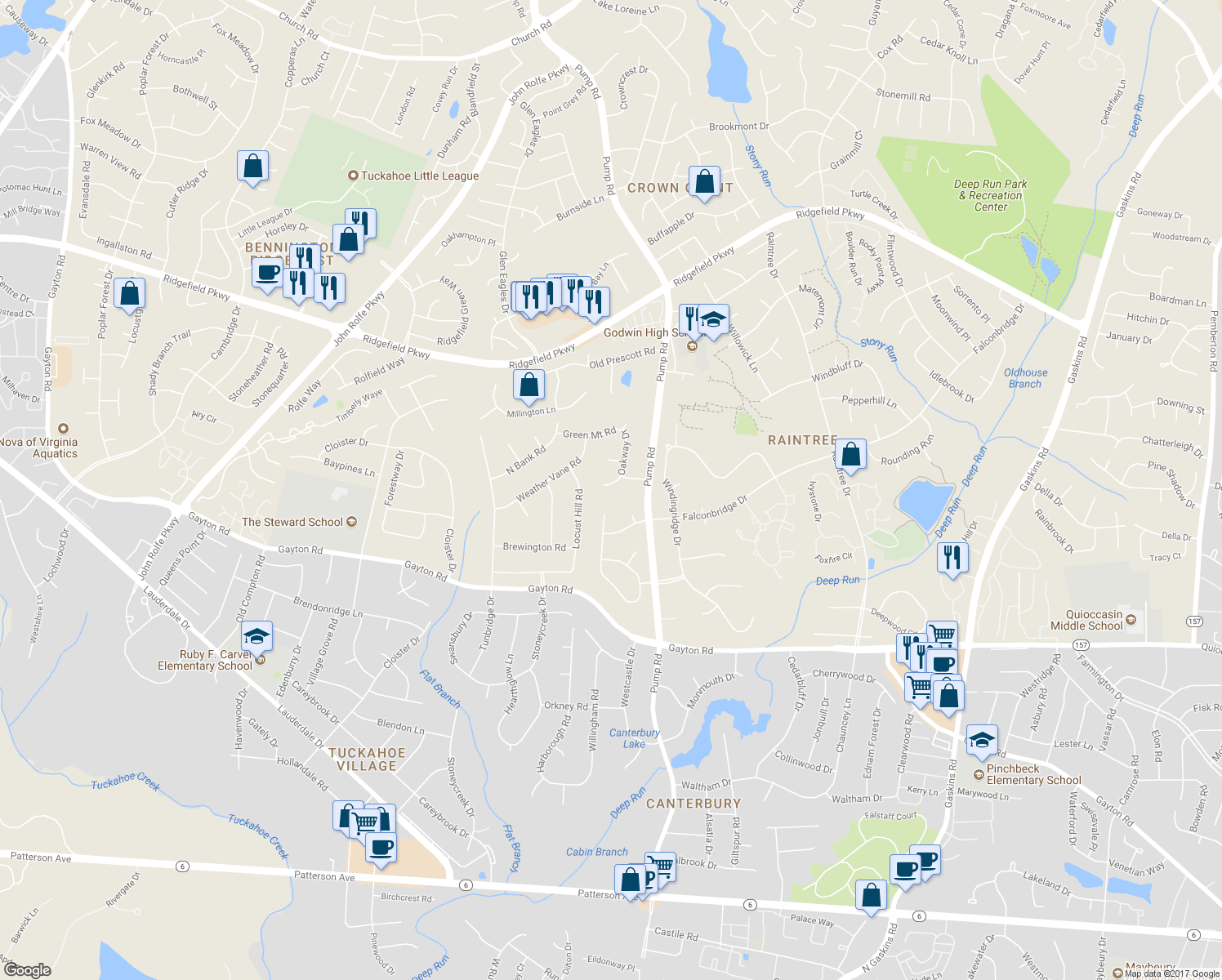map of restaurants, bars, coffee shops, grocery stores, and more near 1805 Oakway Drive in Richmond