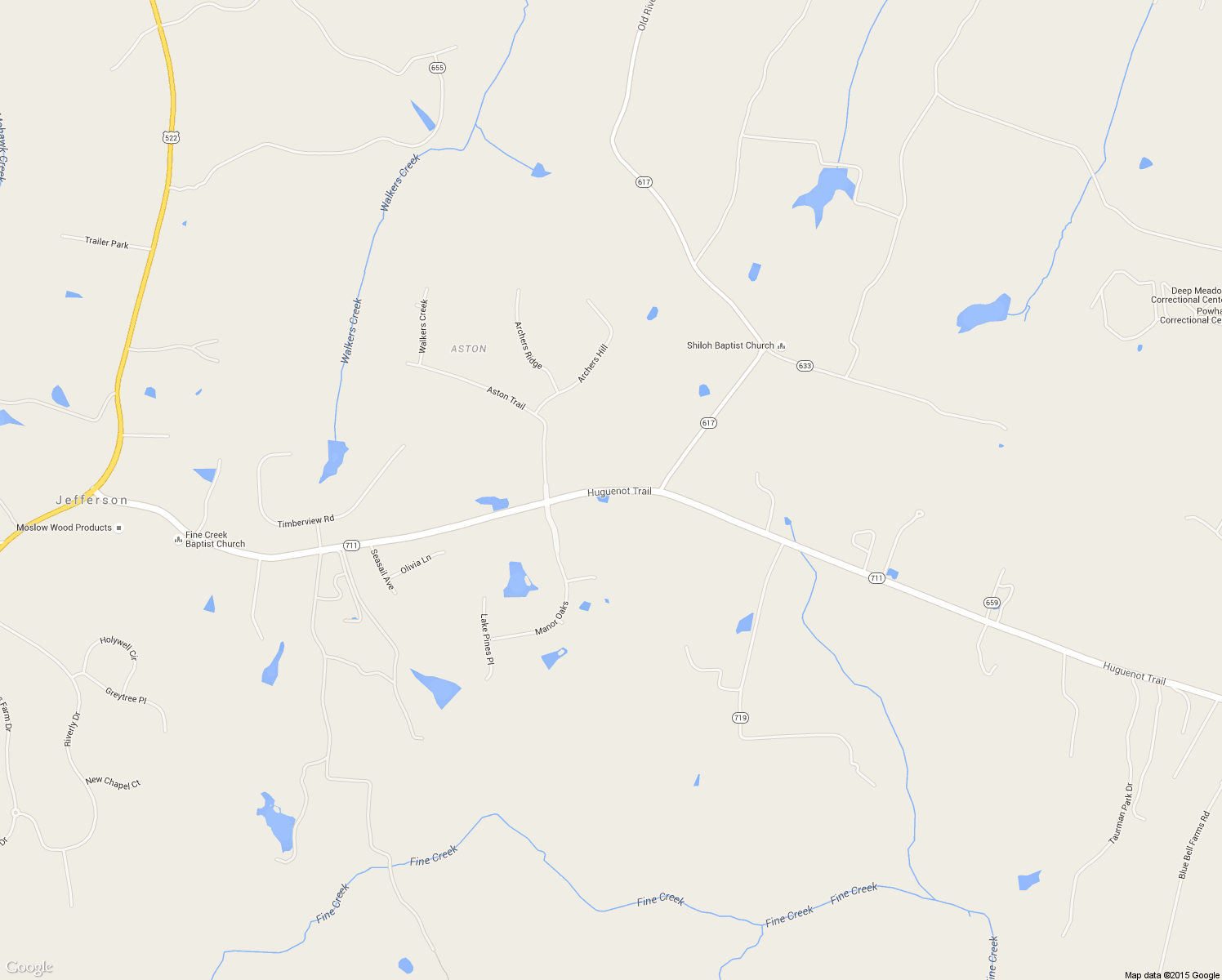 map of restaurants, bars, coffee shops, grocery stores, and more near 3340 Huguenot Trail in Powhatan