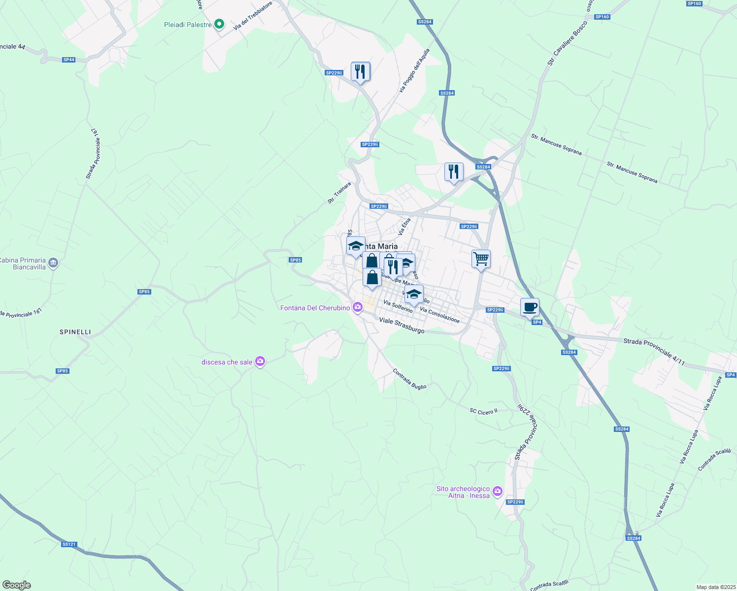 map of restaurants, bars, coffee shops, grocery stores, and more near 7 Via Buemi in Santa Maria di Licodia