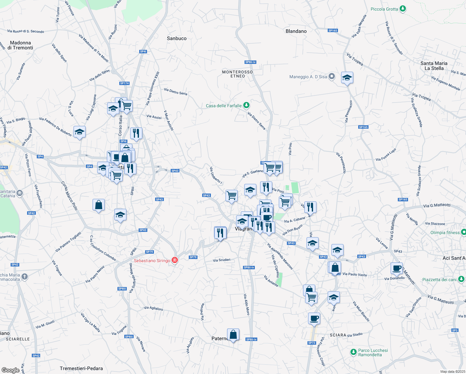 map of restaurants, bars, coffee shops, grocery stores, and more near 67 Via San Gaetano in Viagrande