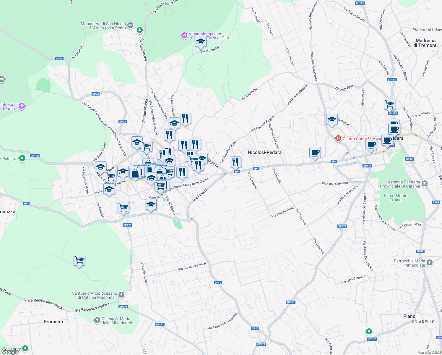 map of restaurants, bars, coffee shops, grocery stores, and more near 232 Via Libertà in Mascalucia