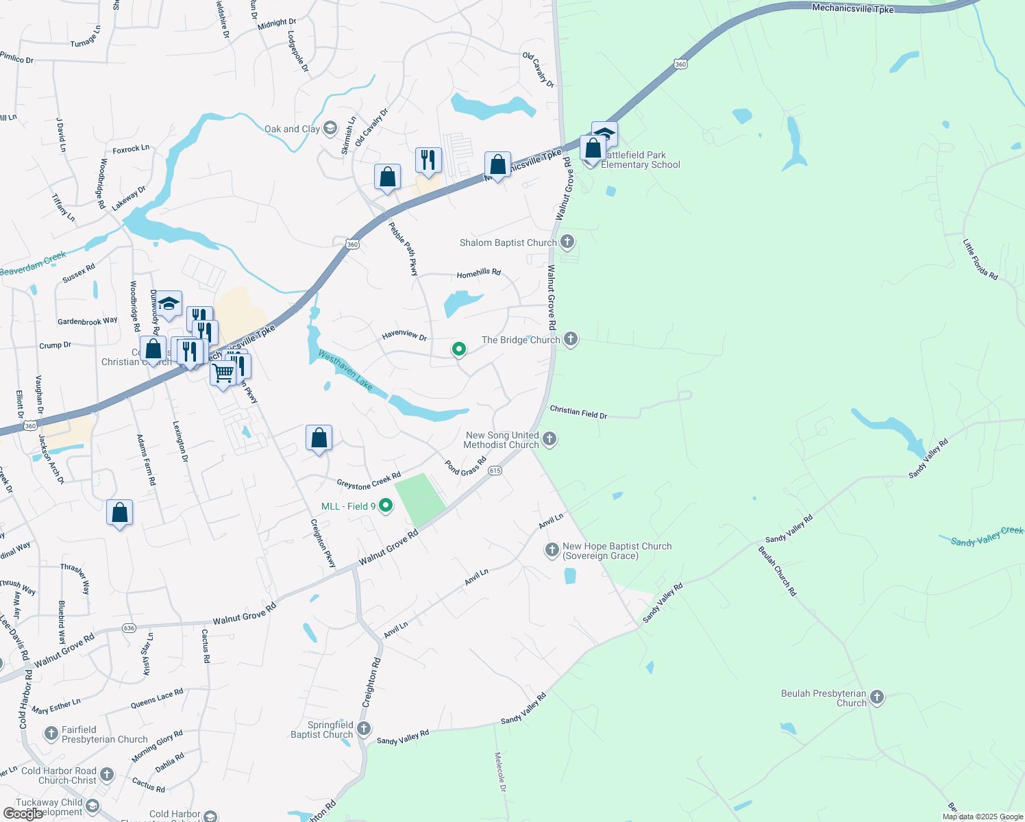 map of restaurants, bars, coffee shops, grocery stores, and more near 6085 Pond Grass Road in Mechanicsville