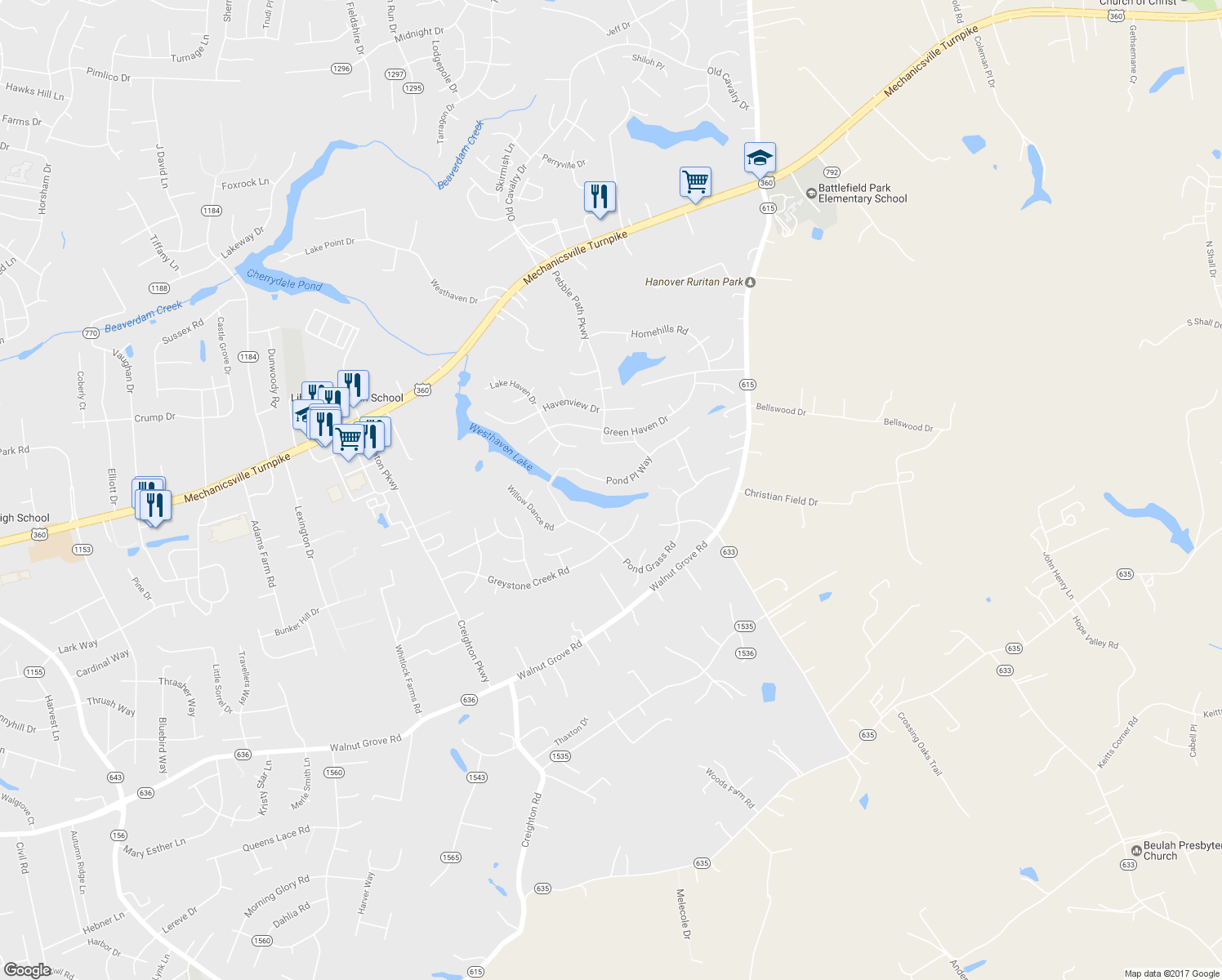 map of restaurants, bars, coffee shops, grocery stores, and more near 6077 Pond Place Way in Mechanicsville