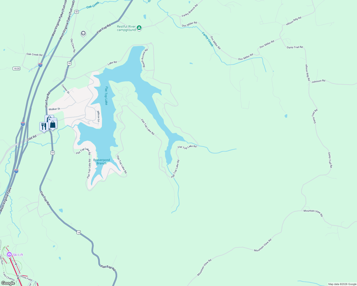 map of restaurants, bars, coffee shops, grocery stores, and more near 316 Flat Top Lake Rd in Ghent
