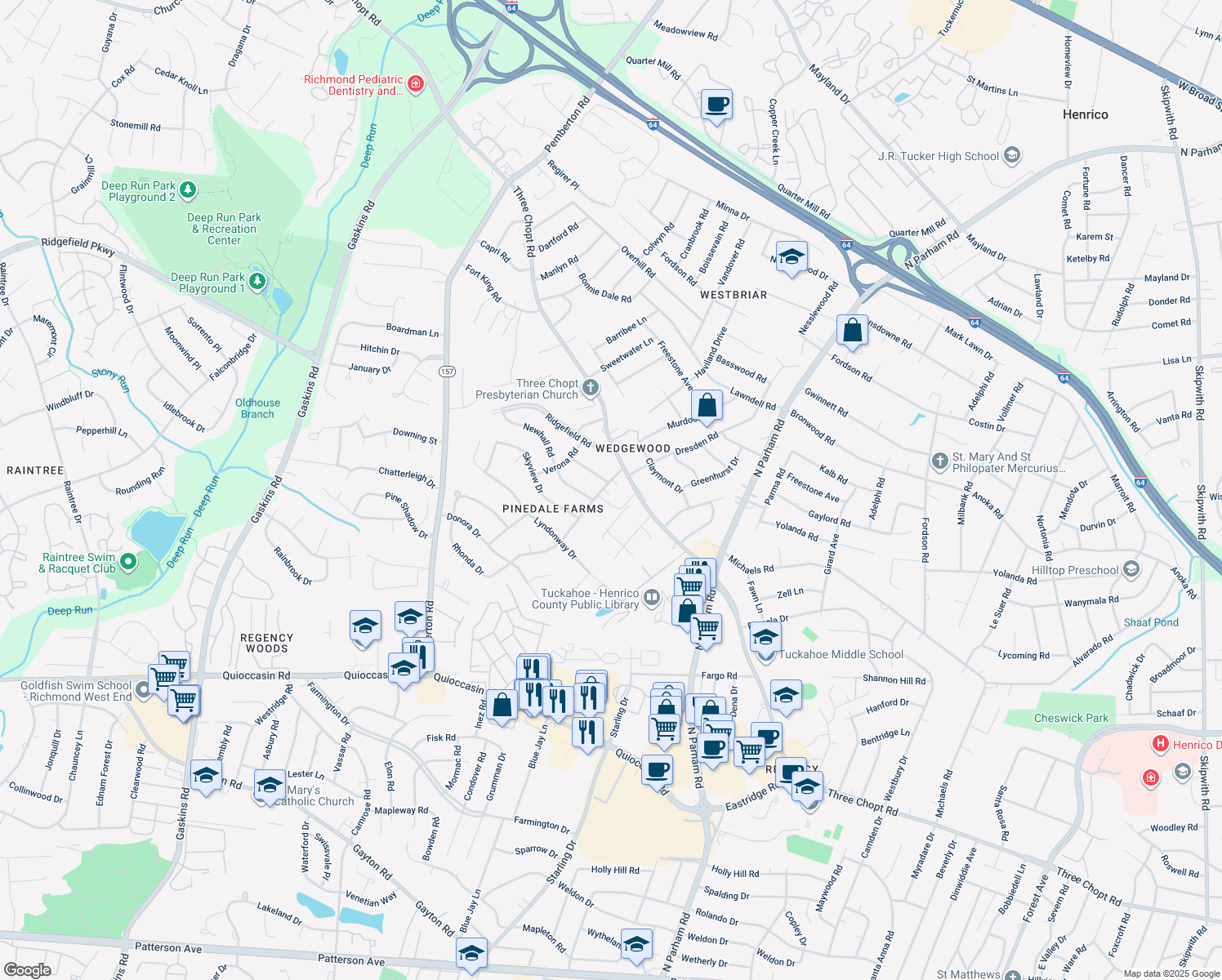 map of restaurants, bars, coffee shops, grocery stores, and more near 2001 Denham Road in Richmond