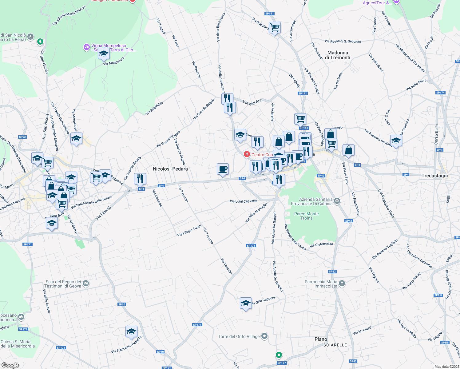 map of restaurants, bars, coffee shops, grocery stores, and more near 411 Corso Ara di Giove in Pedara