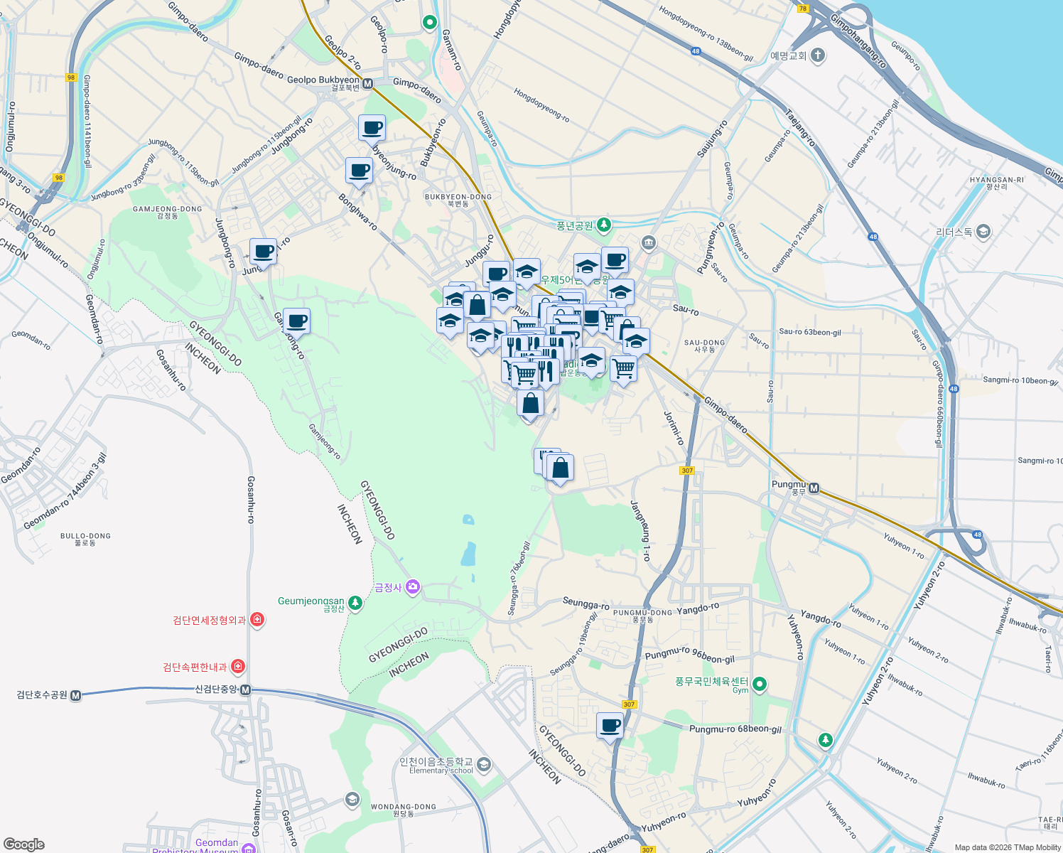 map of restaurants, bars, coffee shops, grocery stores, and more near in Gimpo-si