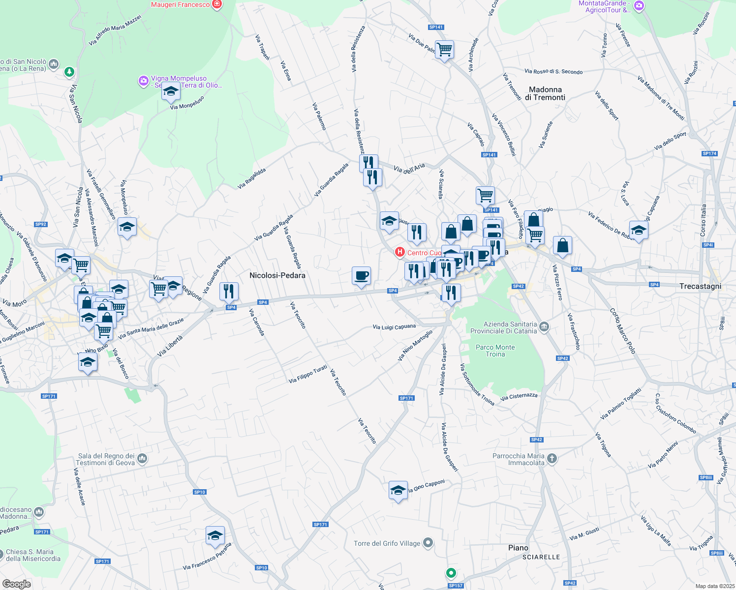 map of restaurants, bars, coffee shops, grocery stores, and more near 411 Corso Ara di Giove in Pedara