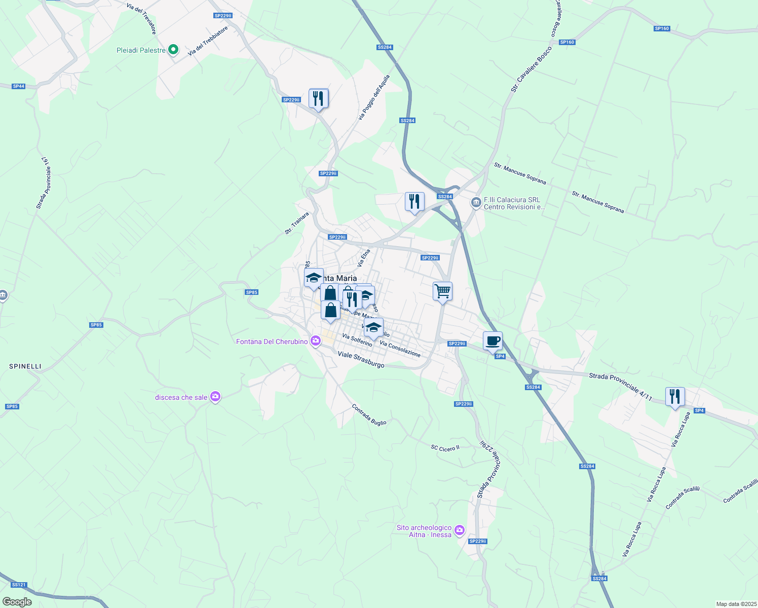 map of restaurants, bars, coffee shops, grocery stores, and more near 15 Via P. Tomasello in Santa Maria di Licodia