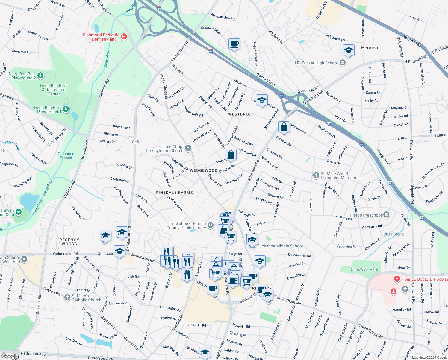 map of restaurants, bars, coffee shops, grocery stores, and more near 8703 Bedell Road in Henrico