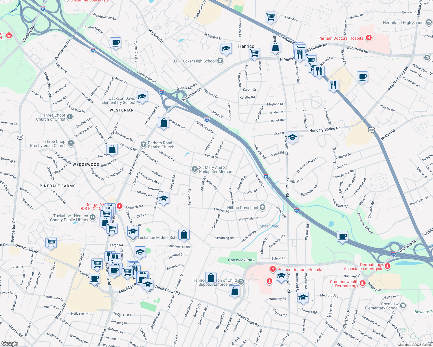 map of restaurants, bars, coffee shops, grocery stores, and more near 8004 Tolliver Rd in Richmond
